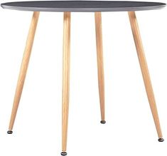 a round table with two wooden legs and a black tabletop on the top, sitting against a white background