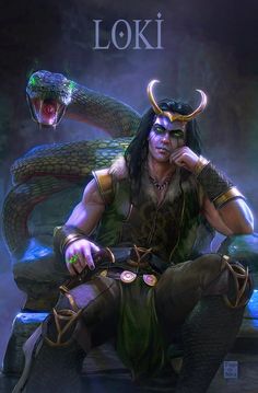 a man sitting on top of a bench next to a snake and demon head in front of him