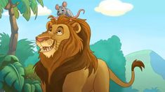 the lion and the mouse are sitting on top of each other's head in front of some trees