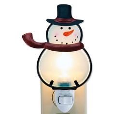 a light up snowman with a hat and scarf on it's head, standing in front of a white background