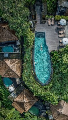 an aerial view of a pool in the middle of some trees with umbrellas over it