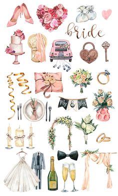 watercolor illustration of wedding items including champagne, cake, and bride's bouquet