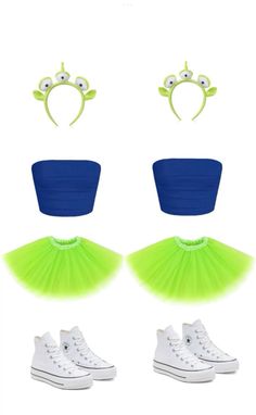 three pairs of shoes, one with a green tutu skirt and the other blue