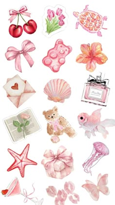 watercolor illustrations of pink items and flowers