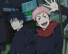 two anime characters with pink hair and blue eyes, one holding his hand up in the air