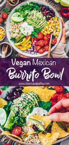 mexican burrito bowl with guacamole, corn and tomatoes