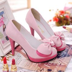 Fabric Material:Pu Leather Heel:10cm/3.94" Color:Pink,Black,White Pink Cute Heels For Formal Occasions, Pastel Bows, Pink High Heels, Slip On Pumps, Bow Heels, Pink Heels, Pump Dress, Pink Shoes, Pretty Shoes