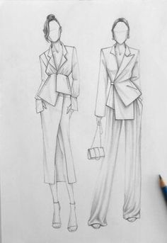 a pencil drawing of two women in suits