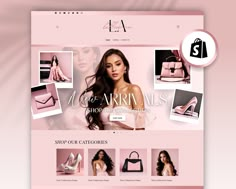 a pink website design for a women's clothing store, with images of shoes and purses on it