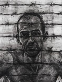 a black and white drawing of a man with barbed wire on the wall behind him