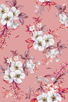 a pink background with white and red flowers