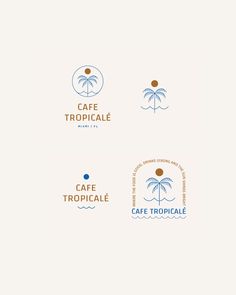 the logo for cafe tropicale is shown in three different colors and sizes, including blue,