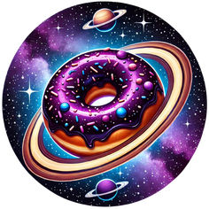 a donut with purple icing and saturn in the background, surrounded by stars