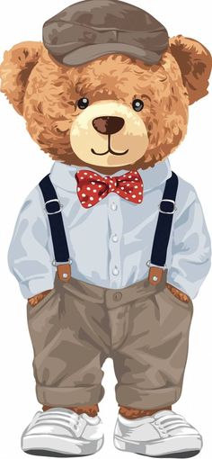 a brown teddy bear wearing suspenders and a hat with a bow tie on it's head