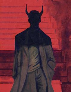 a painting of a man with horns on his head standing in front of some stairs