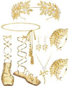 an assortment of gold jewelry including sandals, bracelets and necklaces with leaves on them