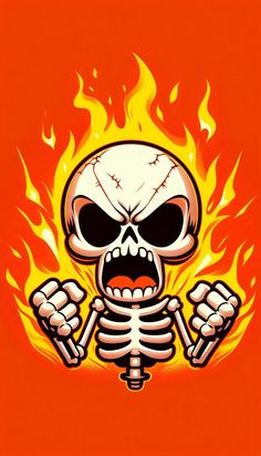 a cartoon skeleton with fire on it's face and hands in front of an orange background