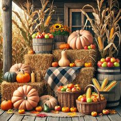 a painting of pumpkins, hay bales and cornstatches on a porch