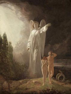 an angel standing next to a naked man on a hill with trees in the background