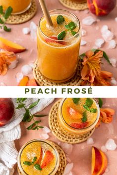 two pictures with peaches and mint on them, one has a straw in it