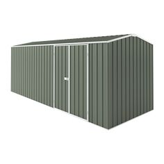 a metal shed with the door open and side panels closed, on a white background