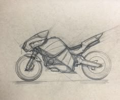 a pencil drawing of a motorcycle on a white paper with some lines in the background