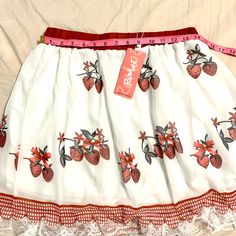 White And Red Polyester Mini Skirt With Strawberry Design By Romwe. Nwt. No Size But Fits Adult Medium Strawberry Skirt, Fairy Skirt, Jean Skirt, Red Lace, Womens Skirt, Red And White, Mini Skirts, White, Lace