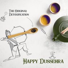 happy dusseria day with tea cups and strainer on the table next to it