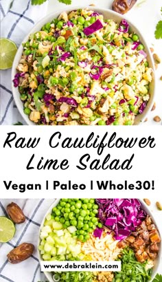 Close ups of a Raw Cauliflower Lime Salad in a white bowl before and after it has been tossed together. Raw Salads Recipes, Raw Veggie Salad Recipes, Raw Recipes Vegan, Raw Vegetarian Recipes, Raw Salad Recipes Vegan, Raw Veggie Meals, Raw Vegan Cauliflower Recipes, Raw Vegan Salad Recipes