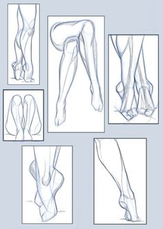 sketches of legs and feet in various positions, with different angles to show the foot