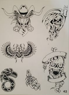 several different kinds of tattoos on a white sheet with black ink and an image of a skull