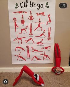 an elf doing yoga poses in front of a poster with instructions to do the splits