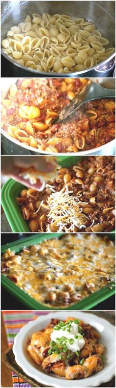 four different pictures of food including pasta, beans and cheese on the top one is in a green casserole dish