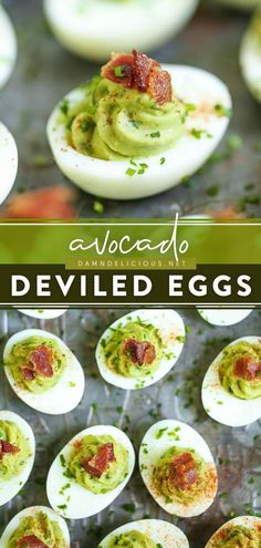 deviled eggs with bacon and avocado on top are shown in the foreground