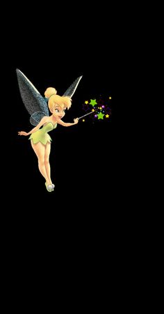 a cartoon tinkerbell flying in the air with stars on her back and arms