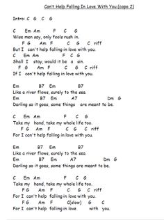 a guitar chords page with the words can't help falling in love with you