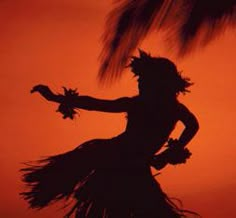 the silhouette of a woman dancing in front of an orange sky with palm tree branches