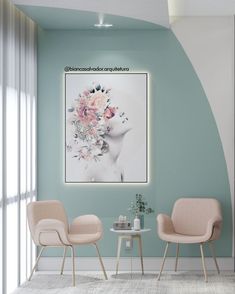 two chairs and a table in front of a blue wall with flowers on the back