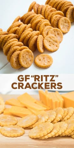 crackers and cheese on a cutting board with the words geritz'crackers