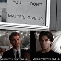 two pictures of the same person in front of a sign that says, you don't matter, give up