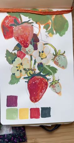 a drawing of strawberries and flowers on a white paper with color swatches in front of it