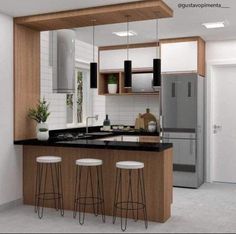 a kitchen with three stools and an island