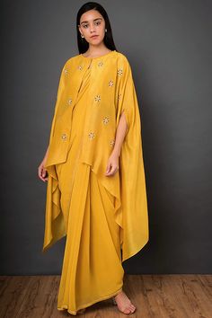 Mustard Yellow Embroidered Saree Set Design by Shikha Mehta at Pernia's Pop Up Shop 2022 Saree With Cape, Mustard Yellow Dress, Cape Set, Mustard Yellow Dresses, Traditional Indian Dress, Indian Gowns Dresses