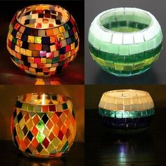 four different types of mosaic glass vases with lights in them and on the sides