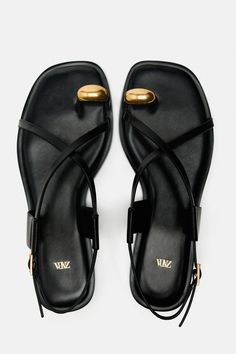 FLAT STRAPPY SANDALS WITH METAL EMBELLISHMENT Flat Strappy Sandals, Sandal Kulit, Zara Flats, Zara Sandals, Slider Sandals, Strappy Flats, Strappy Sandals Flat, Sandals Outfit, Gold Sandals