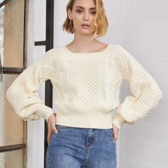 Chunky Square Neck Cable Knit Sweater With Exaggerated Balloon Sleeves. 100% Cotton Blend Imported One Size Model Is 5'7" And Wears Size Small As Seen On Www.Shopceme.Com Crew Neck Cable Knit Top, Cream Square Neck Sweater, Winter Cream Cable Knit Top, Cream Cable Knit Cropped Sweater, Long Sleeve Cable Knit Cream Top, Square Neck Sweater, Cable Knit Sweater, Square Necklines, Balloon Sleeves