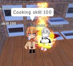 two people standing in front of a fire with text reading cooking skill 100, and an image of the same person wearing glasses