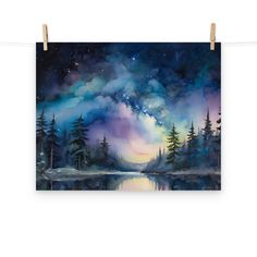 Alaska Night Sky Watercolor, Milky way landscape painting, Fine Art Print from Cool Aunt Designs, Artwork by Dawn Johnson by CADigitalStudio on Etsy Night Sky Watercolor, Full Moon Painting, Beautiful Paintings Of Nature, Sky Watercolor, Night Sky Art, Mountain Artwork, Cool Aunt, Painted Rock Animals, Painting Fine Art