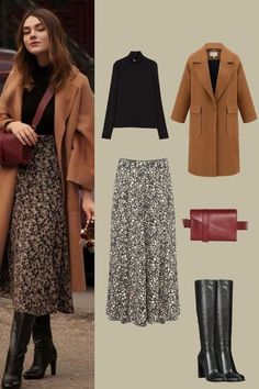 Brown Bag Black Outfit, Midi Skirt Coat Outfit, Long Skirt With Long Boots, Midi With Boots, Long Dress Coat Outfit, Winter Skirt Boots Outfit, Midi Skirt And Knee High Boots, Womens Brown Boots Outfits, High Boots Long Skirt