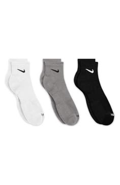 Find NIKE Dri-fit Everyday Plus 3-pack Cushioned Training Ankle Socks on Editorialist. Enjoy cool, cushioned comfort in these moisture-wicking ankle socks featuring breathable mesh at the top of the foot and a fit-enhancing arch band. Pack of three pairs Dri-FIT moisture-wicking technology Reinforced toe and heel Cotton/polyester/spandex/nylon Machine wash, tumble dry Imported Nike Everyday Plus Cushioned, Nike Socks 3 Pack, Nike Short Socks, Nike Ankle Socks, White Nike Socks, Half Socks, Nike Short, Nike Socks, Sock Packs